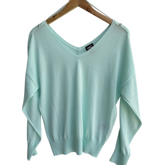 INC Double V-Neck Knit Rhinestone Sleeve Top‎ Jade Large Cocktail NWT w/ Defect - Picture 1 of 11